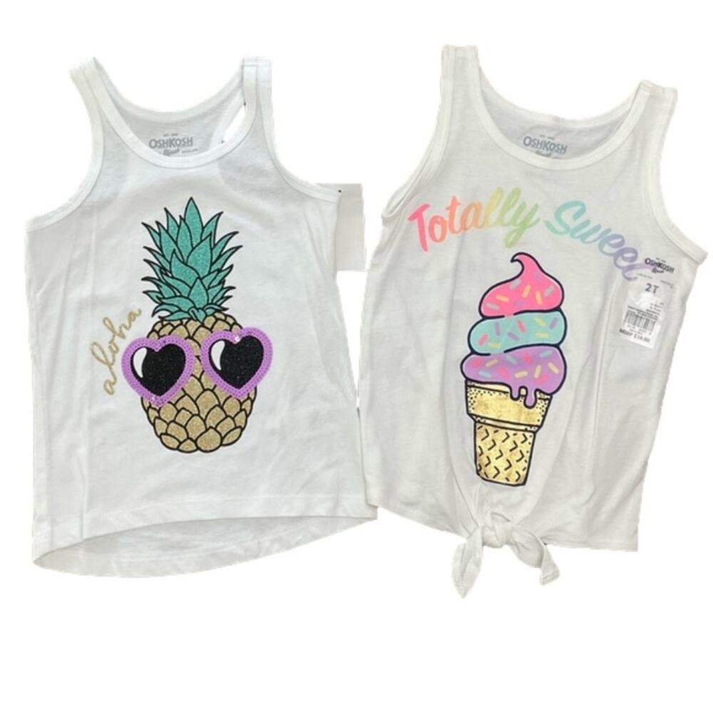 OshKosh B'gosh Girl’s White Tank Tops Pineapple Ice Cream Prints Size 2T NWT